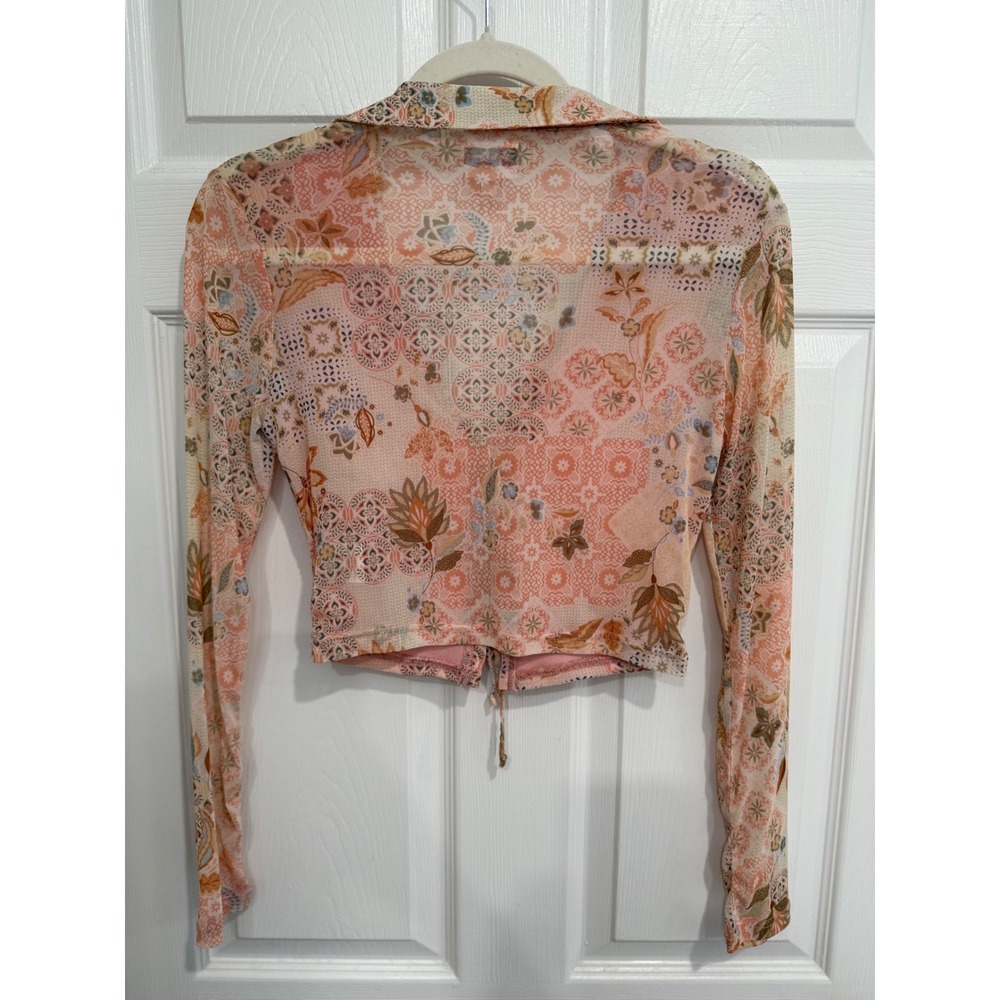 Sky to Moon Peach Floral Patchwork Long Sleeve Crop Top Tie Front Boho Large - Picture 4 of 4